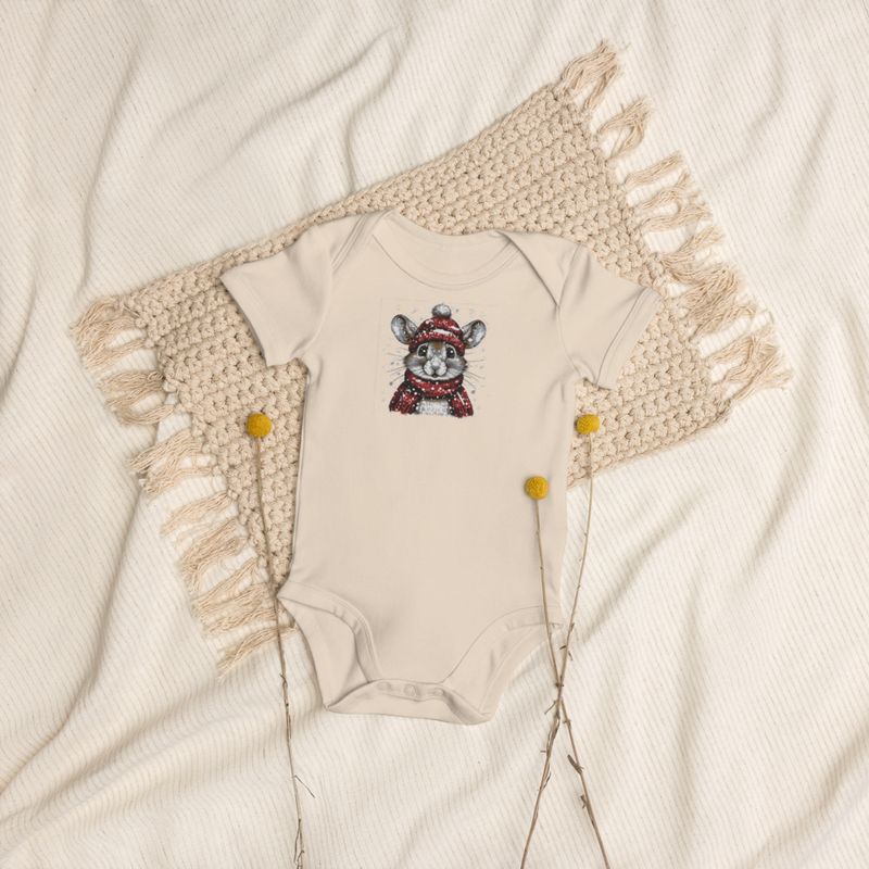 Embroidered Organic Cotton Baby Bodysuit, 3-18 Months, Elephant, face with large trunk and tusks