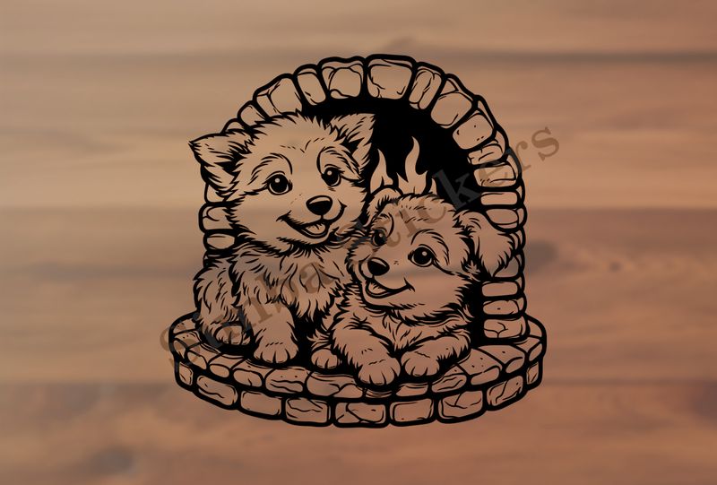 Dogs cuddling by the fireplace,  outline art