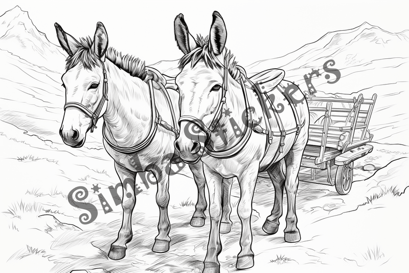 Colouring pages, bundle of donkeys carrying goods or people 10 images