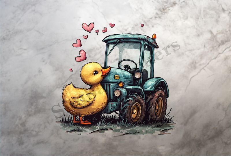 Duckling kissing hood of farmer&#x27;s tractor