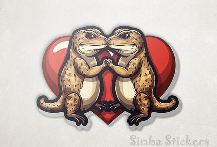 Llizards holding hands nose-to-nose in front of Valentine&#x27;s heart