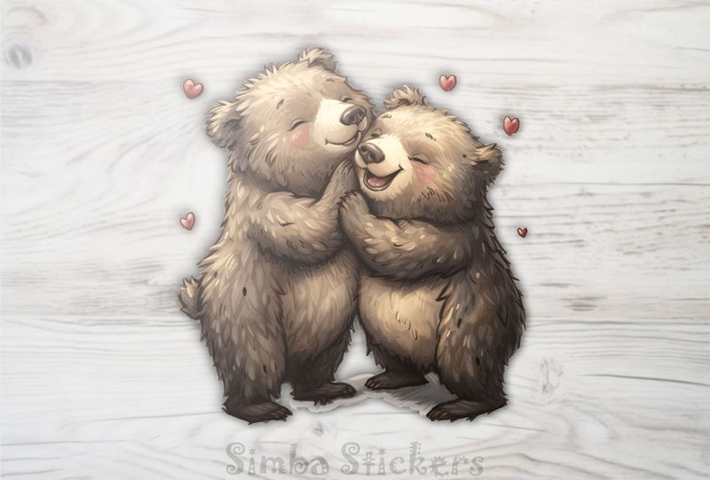 Bears cubs standing cheek-to-cheek with Valentine&#x27;s hearts, watercolour, nnzqnm