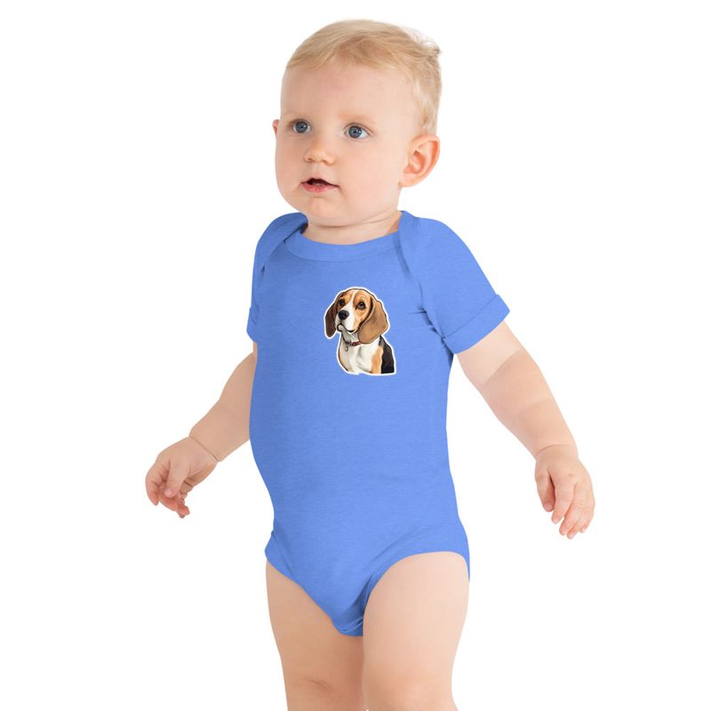 Baby Short Sleeve One Piece, 3-24 Months, Beagle dog with collar, left chest 