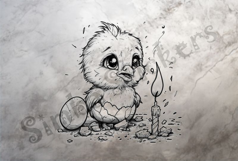 Chick singing by birthday candle, beside small egg, outline art