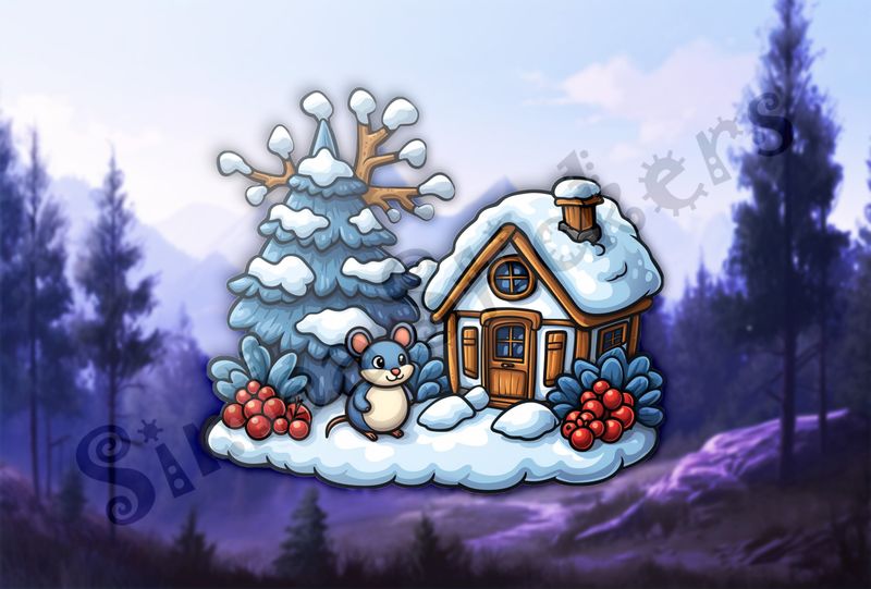 Blue Mouse outside small house in winter snow