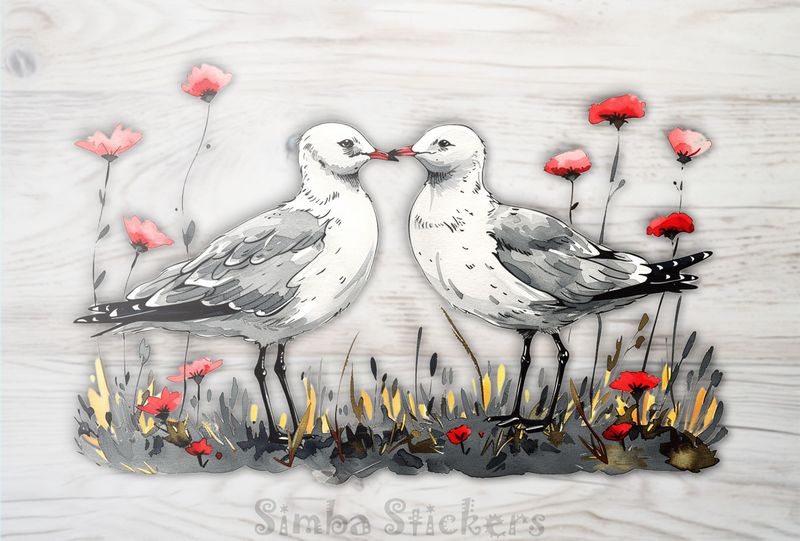 Seagulls in love beak-to-beak, watercolour, wsctc4