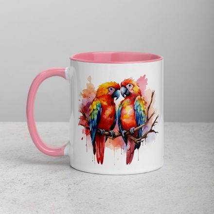 White Ceramic Mug with Color Inside, 11&amp;15oz, Parrots in love perching nose-to-nose, cpi3i9