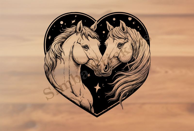 Horses nose-to-nose, both white, in a heart, outline art