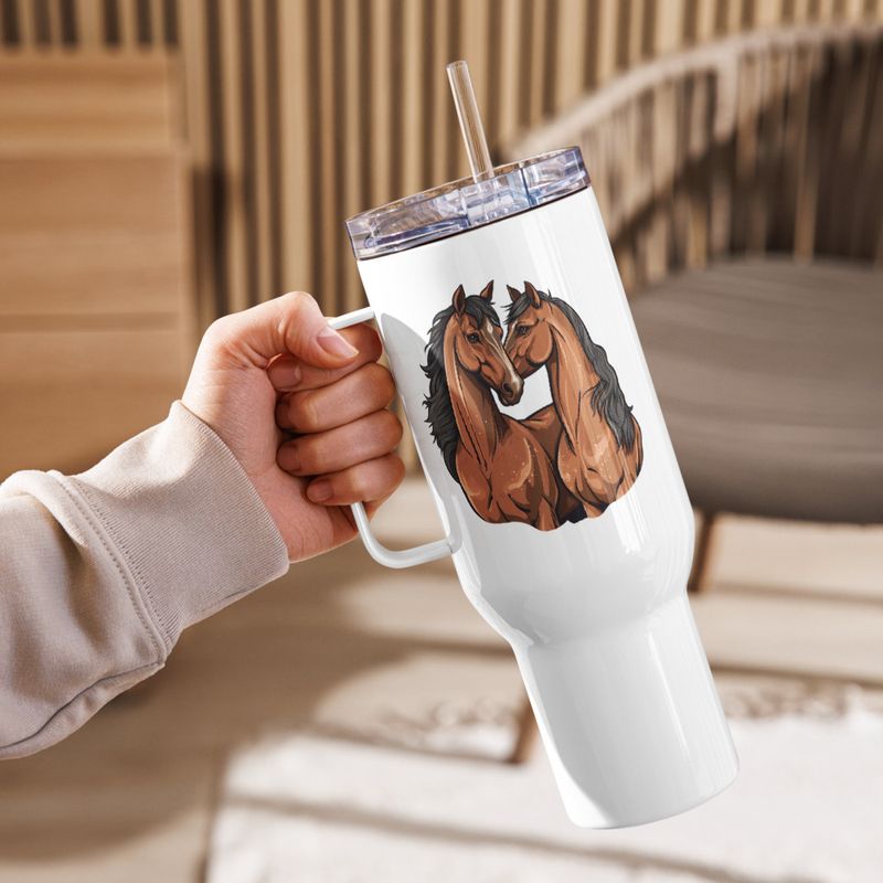 Travel Mug, Cattle, Two brown horses snuggling, tdwcyd
