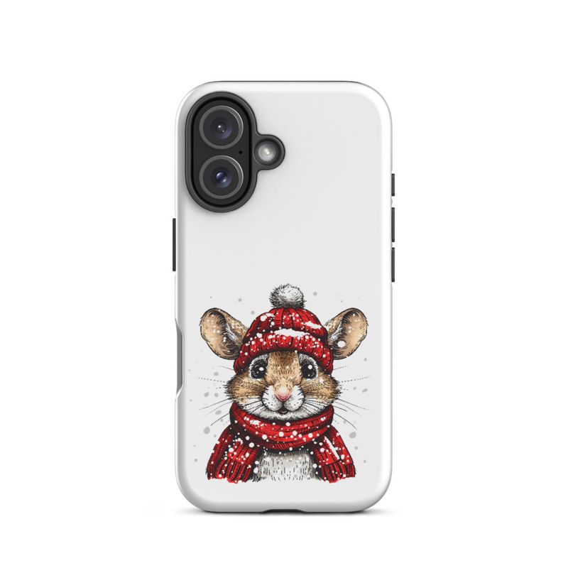 Tough Case for iPhone, Mouse wearing red winter hat and scarf in the snow, xg8dl3