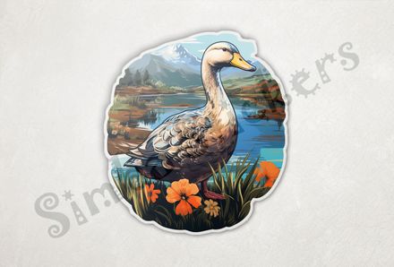 Ducks on flowery grass in the higlands