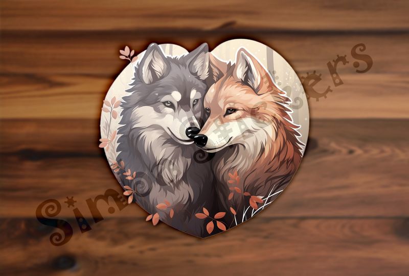 Wolves in love, cuddling, in heart shape
