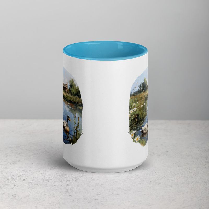White Ceramic Mug with Color Inside, 11 &amp;15oz, Ducks in love swimming in farmhouse pond 