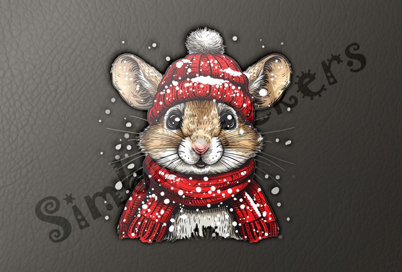 Mouse wearing red winter hat and scarf in the snow