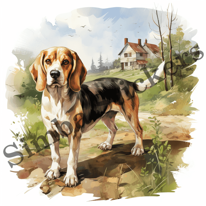Beagle dogs in the wild, watercolour, image set, 10 images