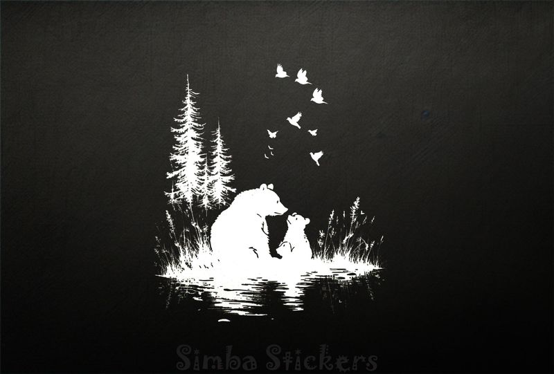 Bear mother with one bear cub, outline art, 7i3bg7