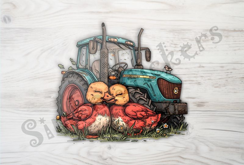 Ducks cuddling in front of green tractor
