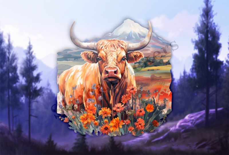 Bull in a field of flowers, mountain in background, watercolour