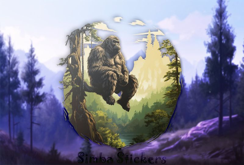 Gorilla thoughtfully sitting on a branch overlooking a lake, kcr3gw