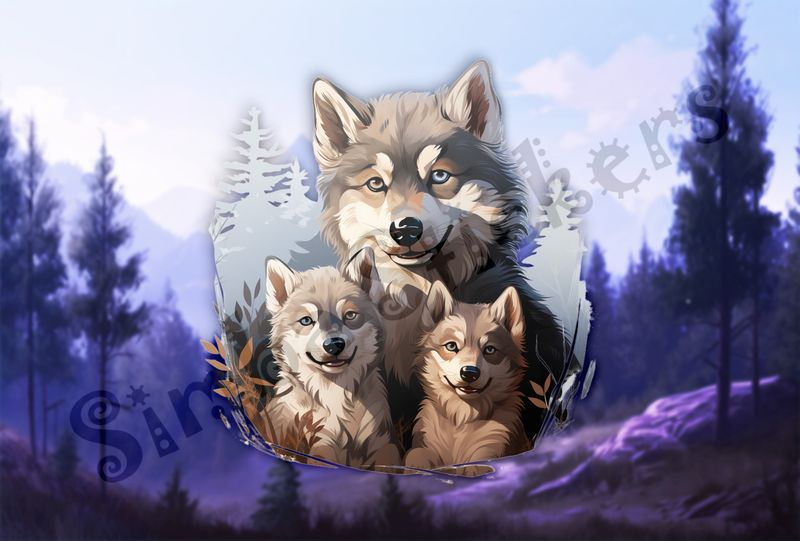 Wolf mother with 2 wolf cubs