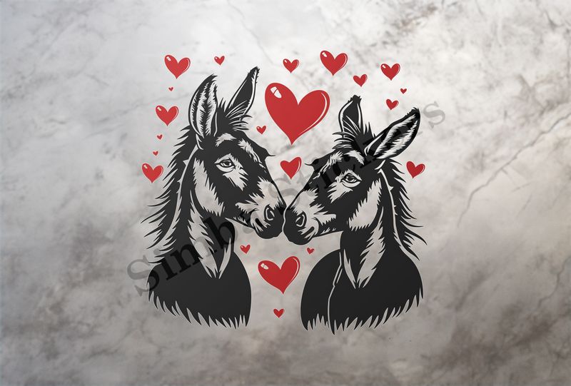 Donkeys in love, nose-to-nose,  red hearts, outline art