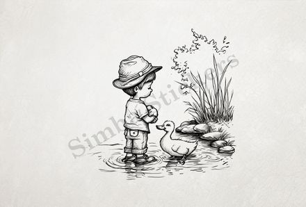 Duck approaching boy holding duckling in a pond, outline art