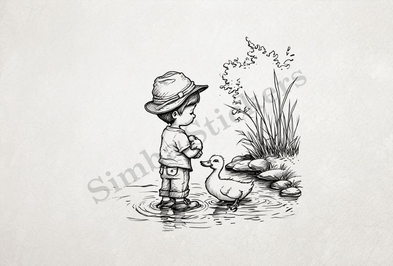 Duck approaching boy holding duckling in a pond, outline art