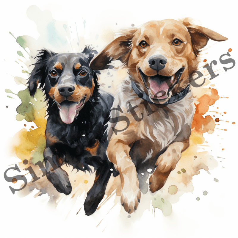 Dogs running, chasing each other, watercolour, image set, 10 images