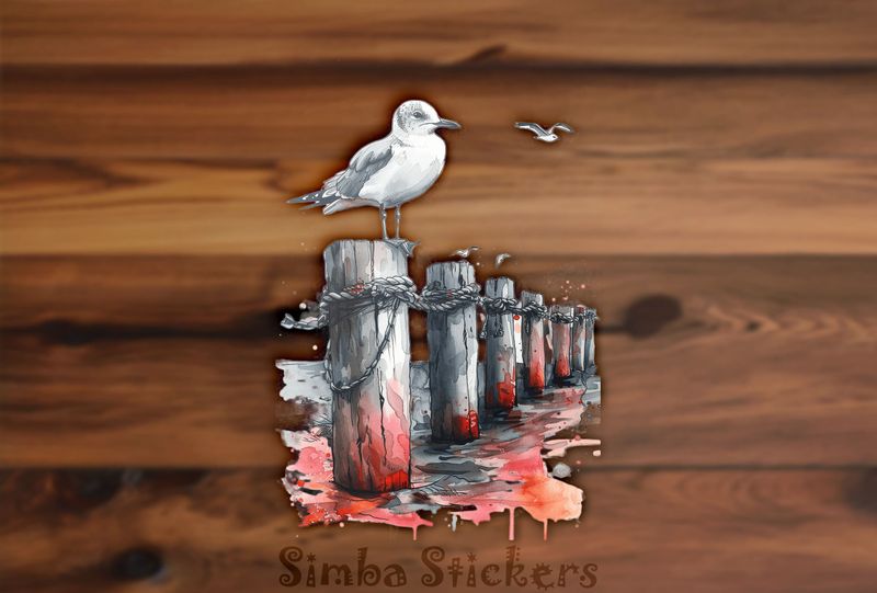 Seagull perching on strung-up pole in water, watercolour, oxacxj