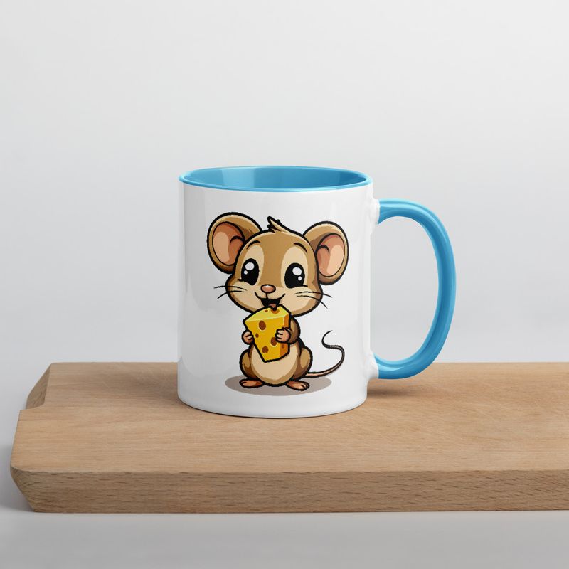 White Ceramic Mug with Color Inside,11&amp;15oz,Small Mouse happily licking large chunk of cheese,pqapy6