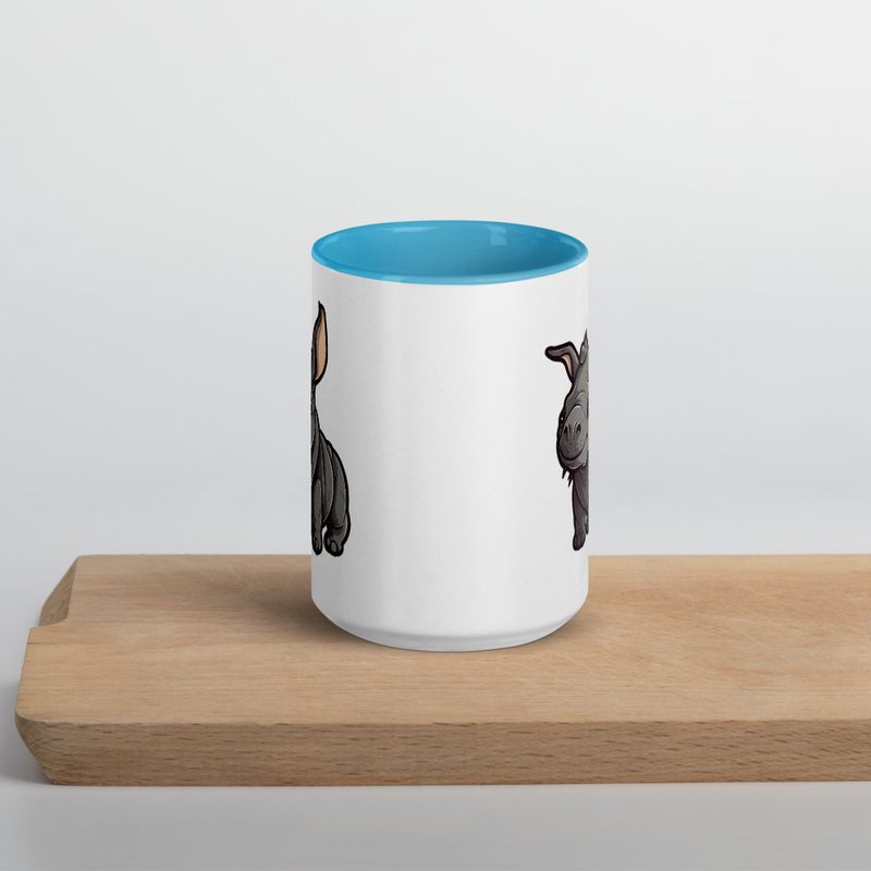 White Ceramic Mug with Color Inside, 11oz &amp; 15oz, Black rhino calf looking cute 