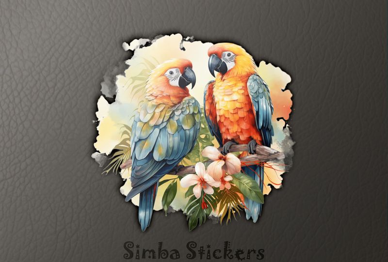 Multi-coloured parrots in love perching above flowers, watercolour, bqamxe