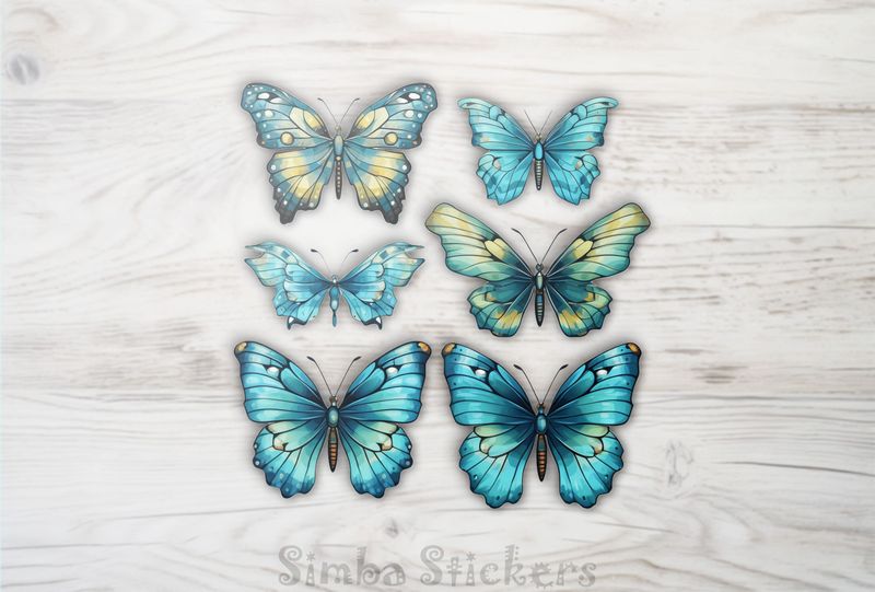Multiple greenish butterflies, watercolour, knsixw