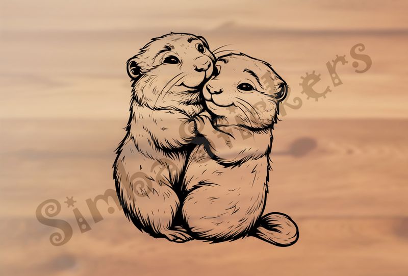 Beavers embracing cheek-to-cheek happily, outline art