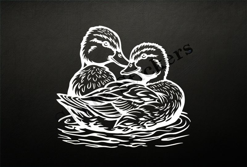Ducks beak-to-beak in a pond, in partial-embrace, outline art