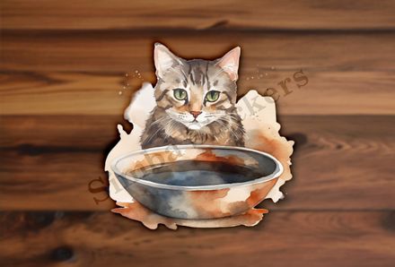Cat behind bowl, watercolour