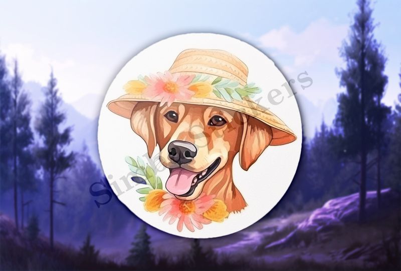 Dog in a flowery hat, with flowers
