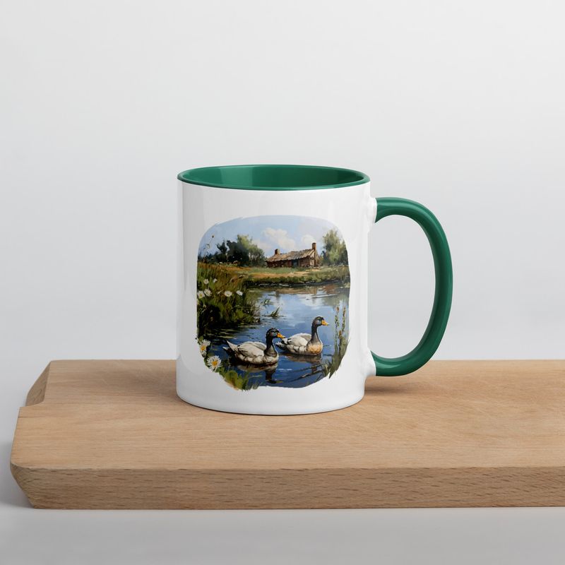 White Ceramic Mug with Color Inside, 11 &amp;15oz, Ducks in love swimming in farmhouse pond 