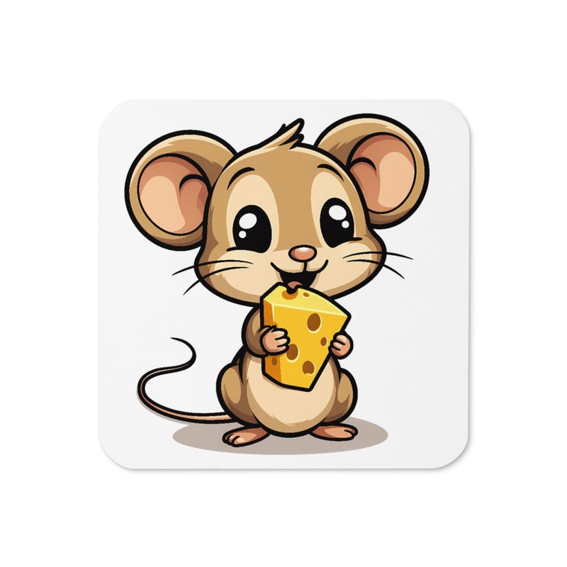 Cork-Back Coaster, Small Mouse happily licking large chunk of cheese, pqapy6, mirrorred
