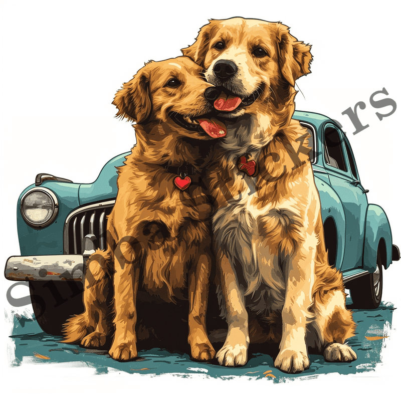 Dogs snuggling by car, watercolour, image set, 10 images