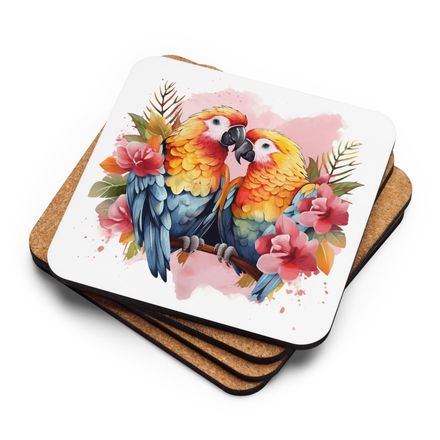 Cork-Back Coaster, Parrots in love among flowers in pinkish background, watercolour, nvcywh