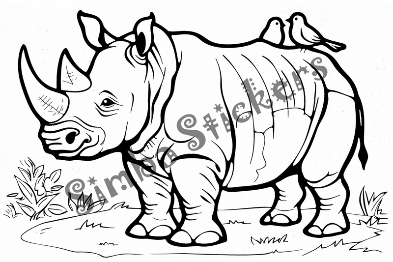 Colouring pages, bundle of rhinos with birds on back, 10 images