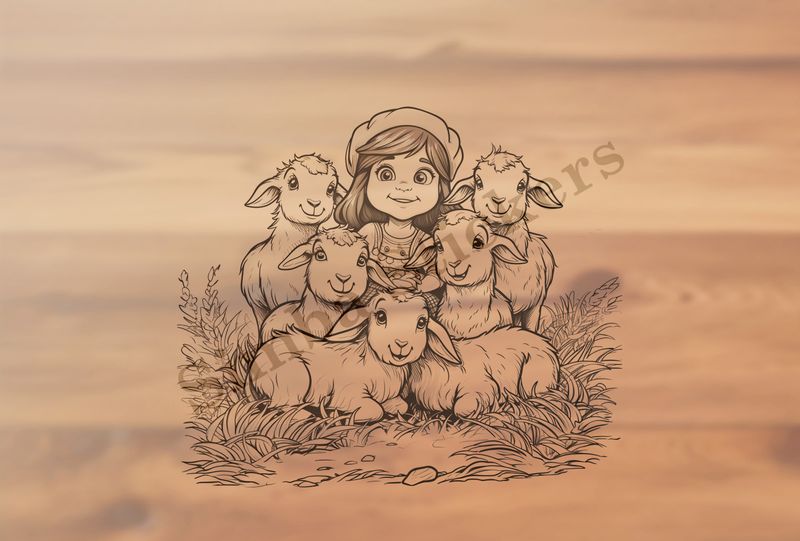 Small girl in small flock of goat kids, outline art