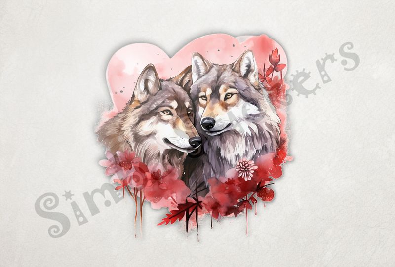 Wolves in love, in flowery heart shape