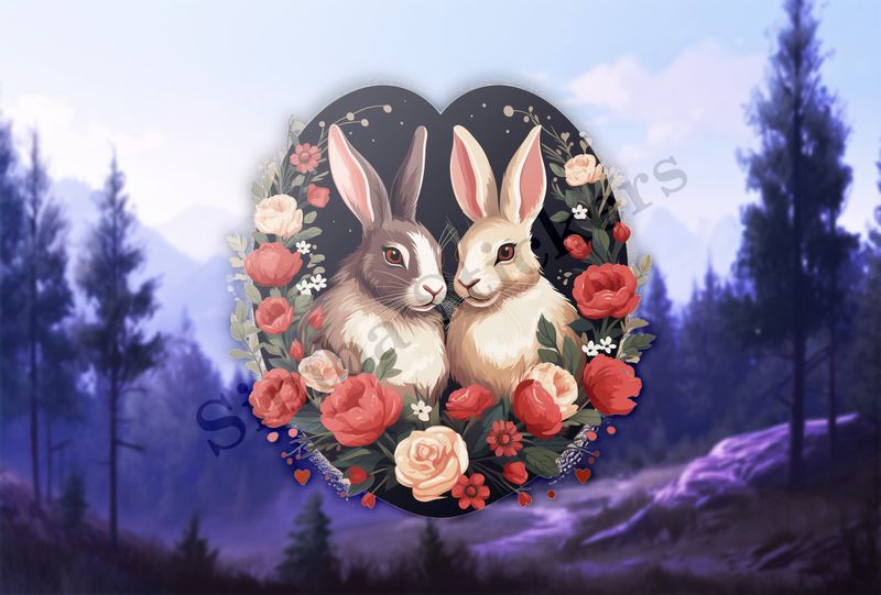 Rabbits in love amongst flowers, black background