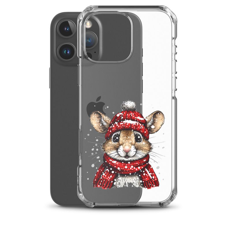 Clear Case for iPhone, Mouse wearing red winter hat and scarf in the snow, xg8dl3