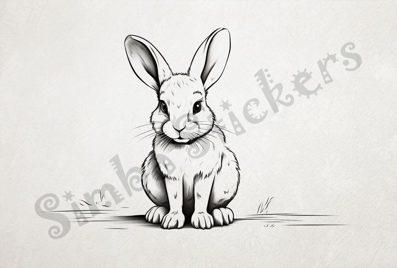 Hare sitting, looking straight ahead, outline art