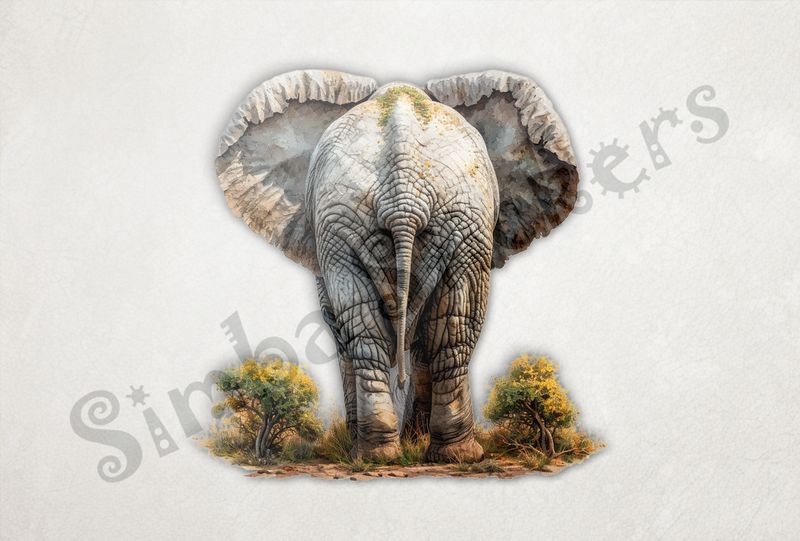 Elephant walking away, ears wide open, from behind