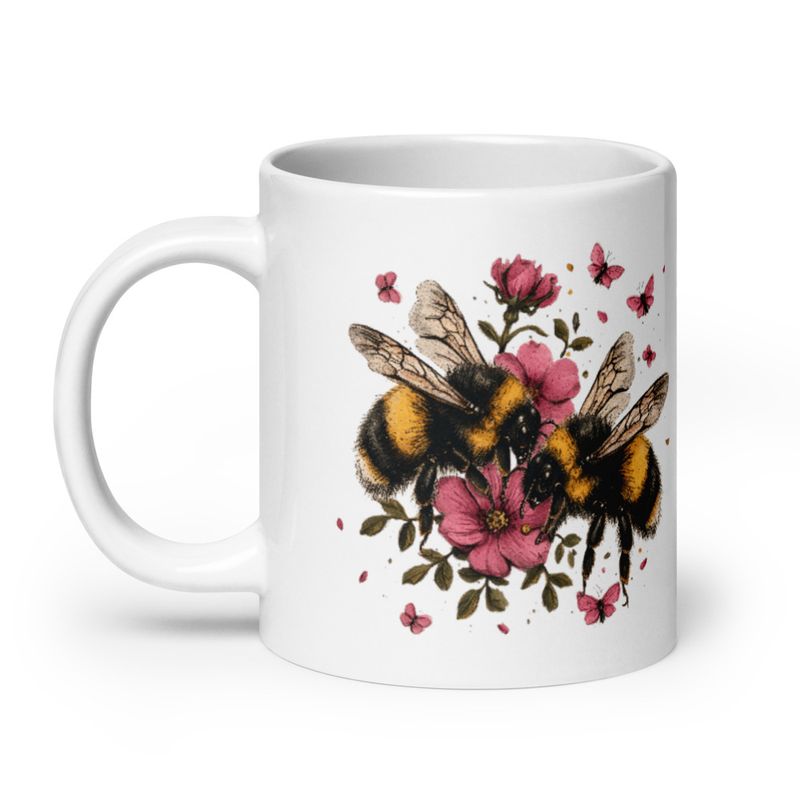 White Glossy Mug, 20oz, Bees in love buzzing around pinkish flowers, vintage style 