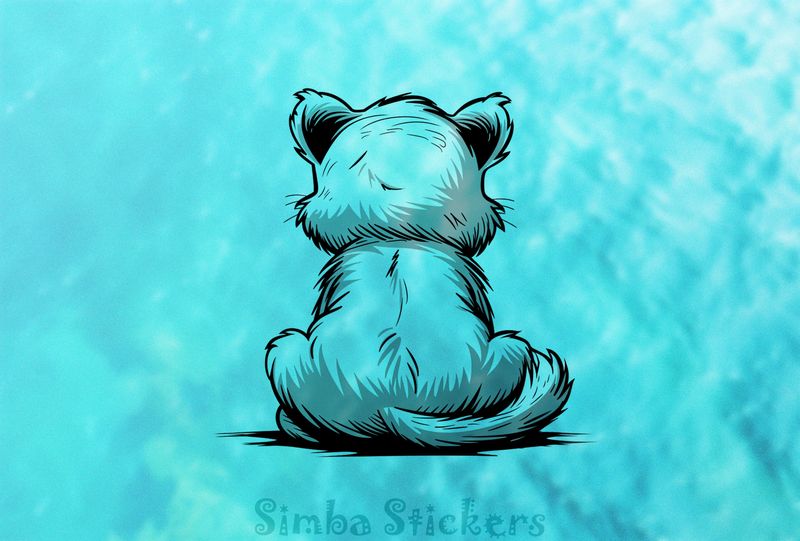 Lion cub sitting down, from the back, outline art, r0e5aj